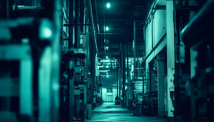 Eerie teal-toned image of a long industrial corridor, showcasing the machinery and architecture of a factory.  Perfect for themes of industry, mystery, or science fiction.