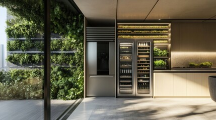 Modern Kitchen with Indoor Vertical Garden and Fridge