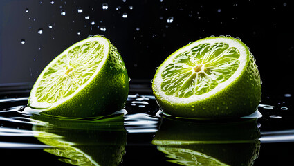 Half slice limes with water droplets and half submerged in water on a black background