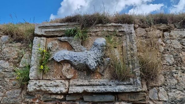The crumbling Venetian lion symbol on the wall of Methoni Fort and the grass swaying in the wind, Greece