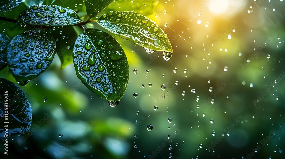Poster delicate raindrops clinging to a spiderweb reflecting the surrounding greenery in an intricate patte