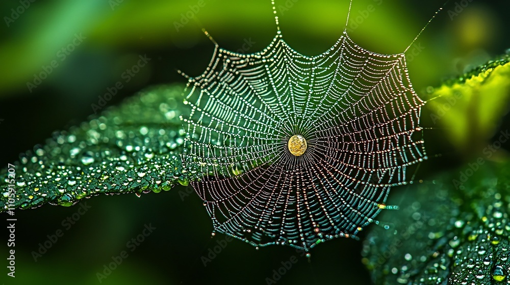 Poster raindrops clinging to delicate spiderweb with surrounding greenery reflections