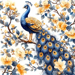 Majestic Peacock Amidst a Watercolor Bloom A Vibrant Artistic Rendering.