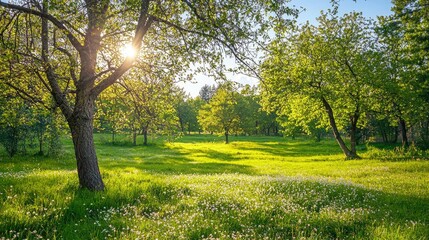 Nature waking up with blooming flowers, green grass, and warm sunshine 
