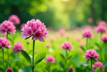 Fototapeta premium Pink Clover Field Summer Meadow - Lush Green Landscape Photography