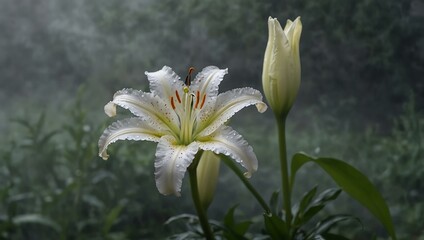 Fototapeta premium Delicate lily blossom in a misty scene.