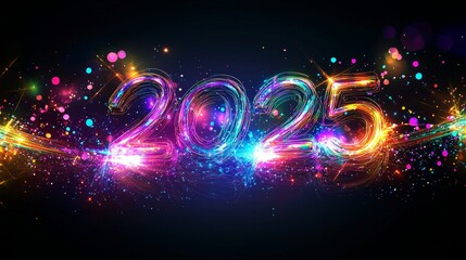 Shimmering Neon Text Celebrating the Arrival of 2025 with Vibrant Glow and Sparkling Effects
