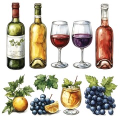 Watercolor illustration of wine bottles, glasses of wine, grapes, and lemon slices.