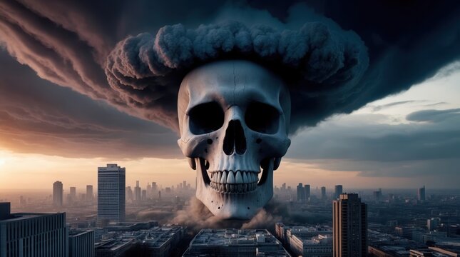 Eerie skull over cityscape with ominous clouds