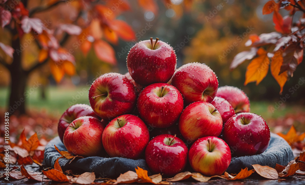 Poster Pile of apples on a table. The apples are red and shiny. There are many apples in the pile
