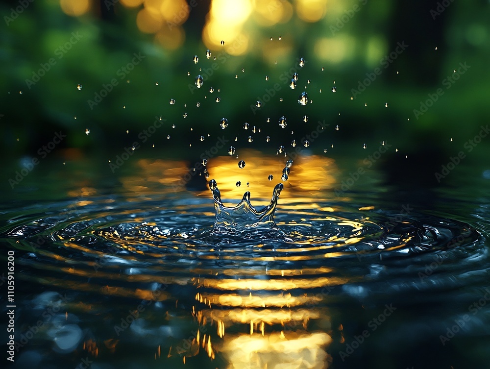 Poster softly rippling raindrops forming mesmerizing circular patterns on tranquil puddle surface