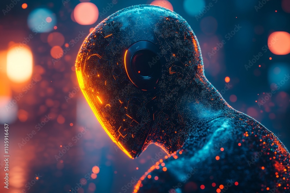 Poster futuristic humanoid figure glowing with luminous elements, surrounded by vibrant particles in a colo