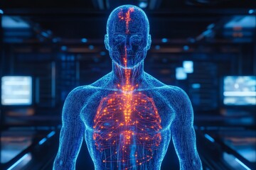 Futuristic Human Anatomy Illustration with Vibrant Neural Connections and Bioluminescent Body Structure in a High-Tech Environment