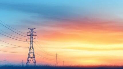Fototapeta premium Power lines against a vibrant sunset sky.