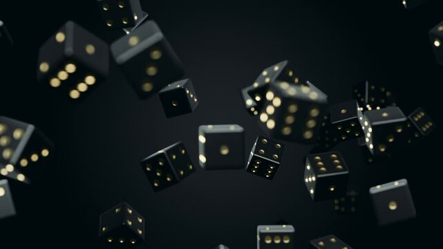 3D animation of falling black dice on a black background.