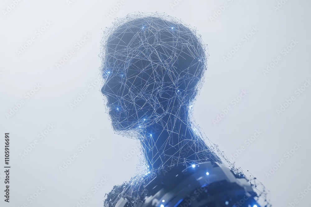 Poster futuristic profile of a human silhouette made of interconnected digital nodes and glowing lines repr