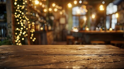 Empty wooden table with christmas theme in background, Warm Glow: A Cozy Evening at a Wooden Table