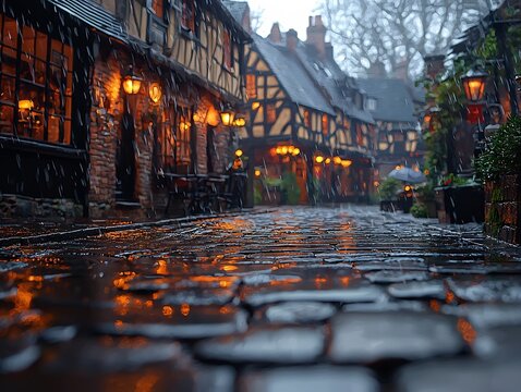 Rainy Day in a Charming European Village with Historic Buildings and Cafes