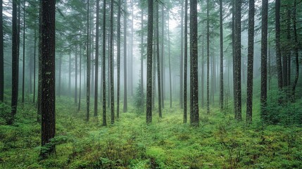 Obraz premium Misty forest with tall trees and lush green groundcover.