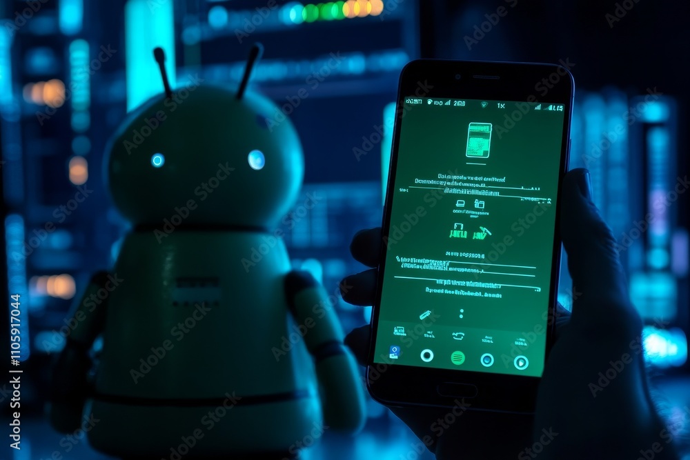 Poster futuristic smartphone interface with android robot in a high-tech environment featuring dark colors 