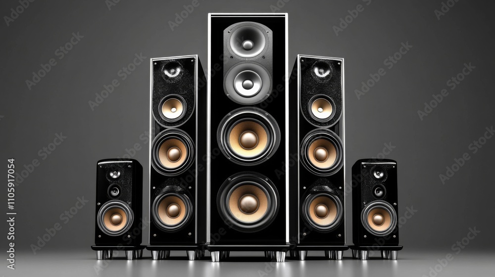 Poster collection of high-quality audio speakers arranged in a modern display setting, showcasing their sle