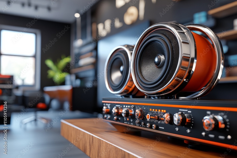 Poster stylish audio equipment on display in a modern design studio showcasing high-quality sound systems a