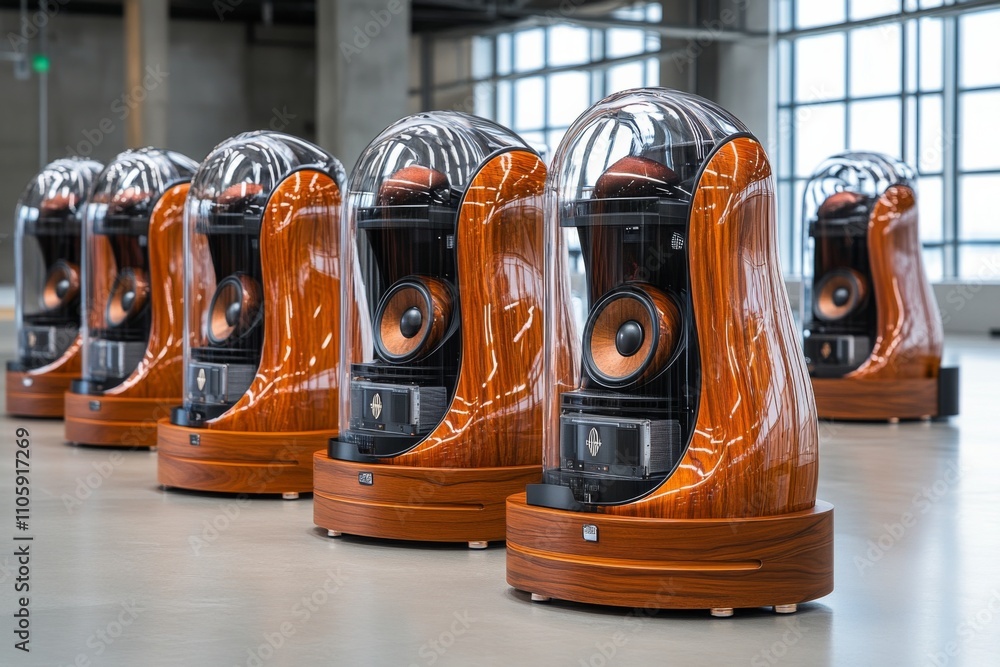 Poster a row of high-end audio speakers showcasing modern design in an industrial setting with natural ligh