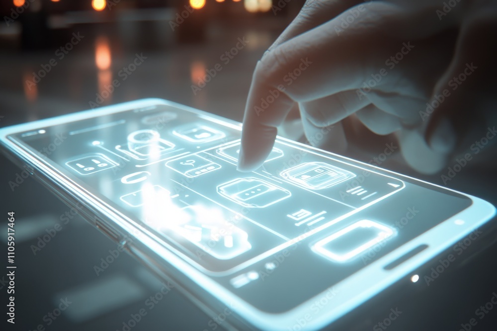 Poster glowing touchscreen smartphone in a dark environment demonstrating innovative user interface with fu