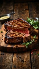 Fototapeta premium Delicious grilled T-bone steak served on a rustic wooden board.