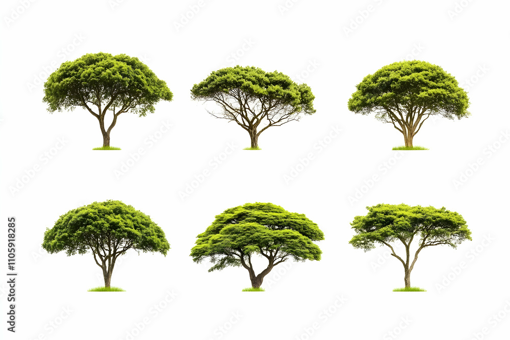 Poster six lush green trees isolated on a white background, perfect for design projects needing natural ele