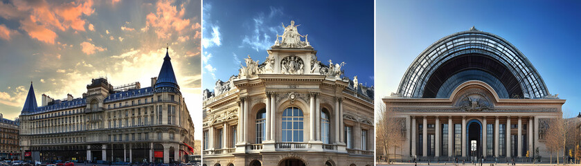 Obraz premium Parisian Architectural Gems, Elegant Buildings Showcase Grandeur and History under Varied Skies