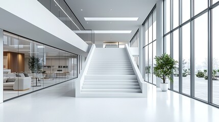 Fototapeta premium Modern bright white two floors coworking office interior with furniture and empty mock up place on wall. 3D Rendering