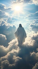 Jesus walking on clouds, blue sky with sun rays shining through the clouds