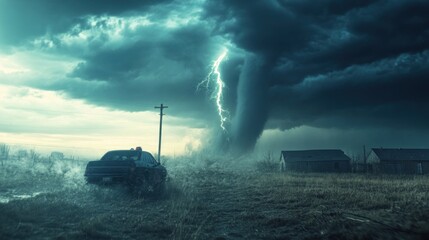 Obraz premium Car Drives Past Homes During a Powerful Tornado and Lightning Storm