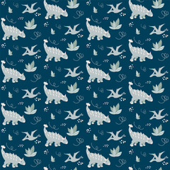 Vector seamless pattern with cute dinos, flying Pterodactyl and dinosaur in armor Ankylosaurus with bushes or grass, dots and doodles, abstract children background
