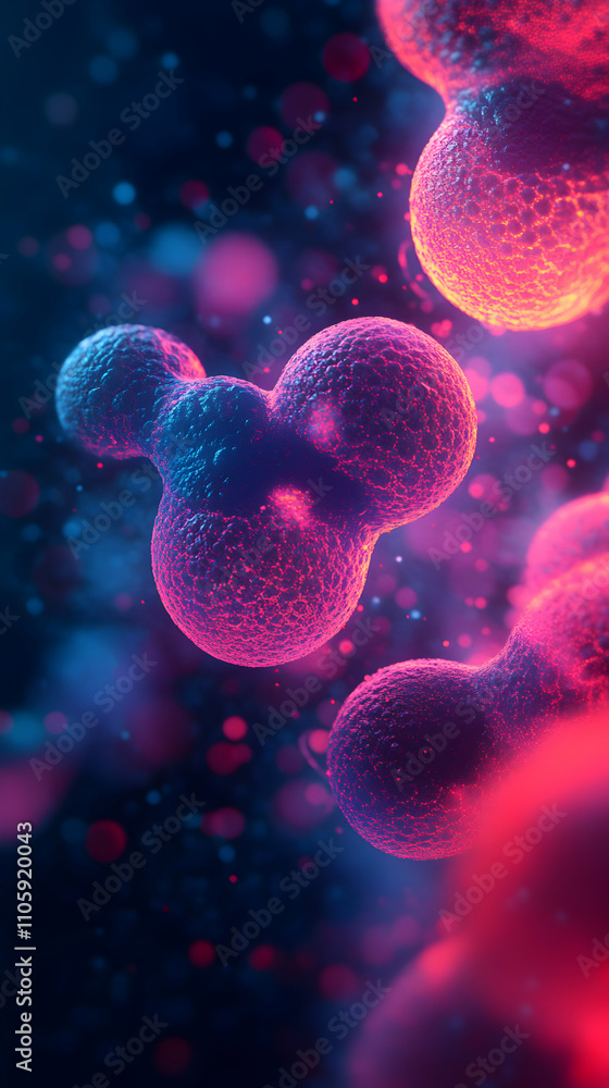 Poster abstract cellular forms, pink and blue bio-structures illuminated in a dark background