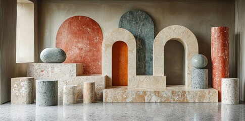 Abstract Stone Sculpture Installation Featuring Archways and Cylinders