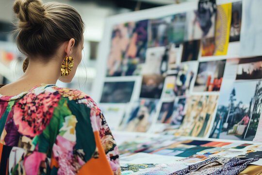 A creative individual reviewing a mood board filled with photos and visual inspiration in a studio

