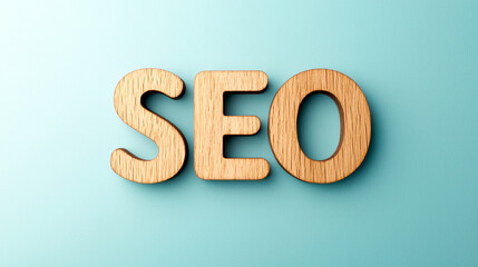 Wooden SEO letters on a mint green background, emphasizing digital marketing and search engine optimization.