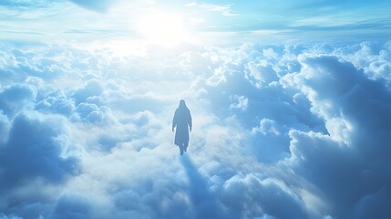 Jesus walking on clouds, blue sky with sun rays shining through the clouds