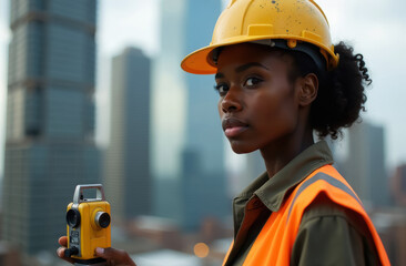 African American female contractor standing with theodolite at construction site