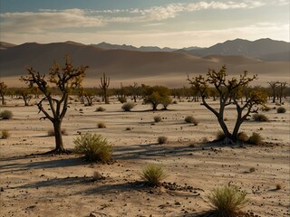 Naklejka premium Desert landscape with scattered trees.