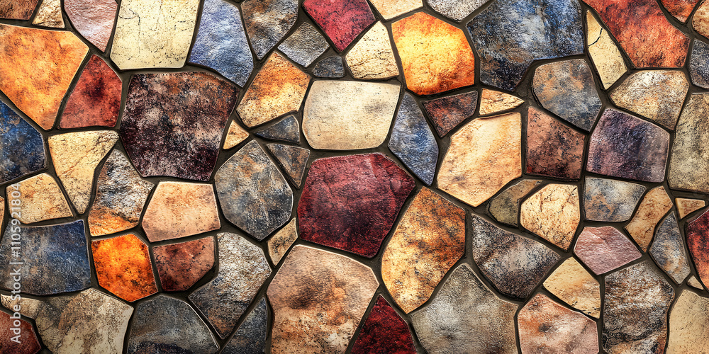 Aufkleber irregular stone wall texture, colorful pebbles arranged in a mosaic pattern background image