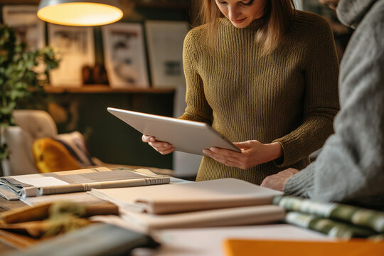 Two designers reviewing material samples on a tablet and table in a cozy, creative workspace

 - Powered by Adobe