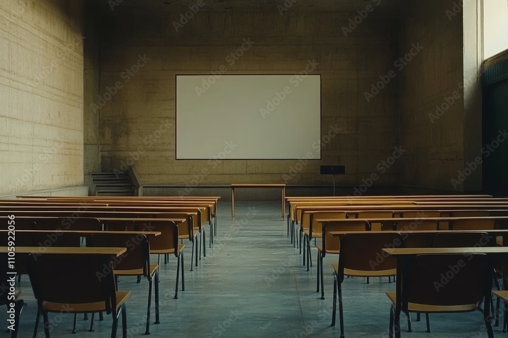 Poster minimalistic classroom interior with empty desks and blank projector screen in modern architectural 