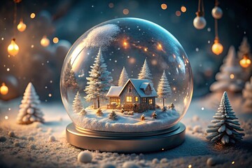 A snow globe with a cozy, lit house and trees in a snowy scene.