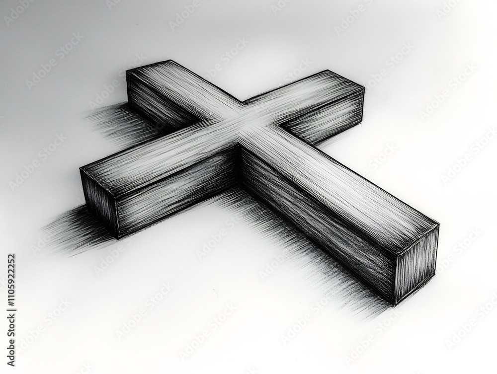 Poster minimalist cross tattoo design with clean lines and subtle shading on white background