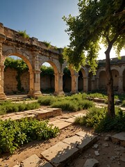 Fototapeta premium Deserted agora reclaimed by nature with vines and sunlight.