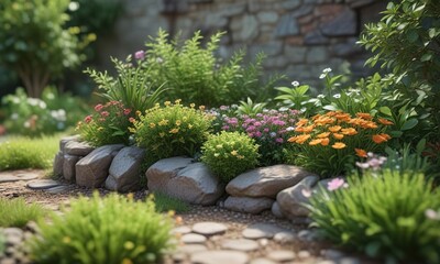 Miniature garden with tiny flowers, grass, and shrubs, decorative, creative, enchanting, fairy garden