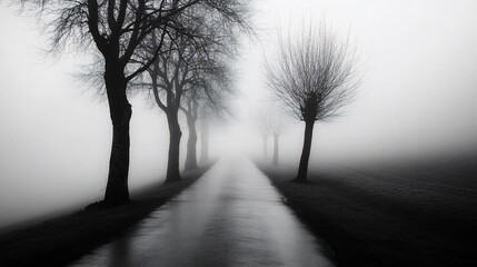 Foggy lane with trees in monochrome.